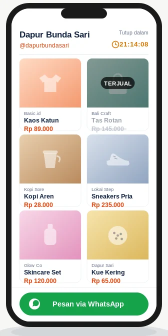 Contoh showcase TitipSehari — toko 24 jam dengan produk, harga, dan tombol pesan via WhatsApp